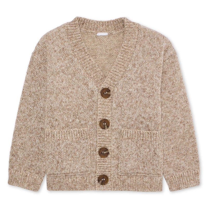 Oatmeal knit baby cardigan with wooden buttons