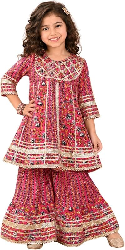 Red floral printed cotton kurti with matching flared sharara pants