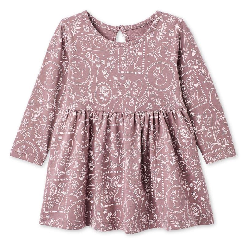Dusty-rose long-sleeve baby dress with a white doodle print