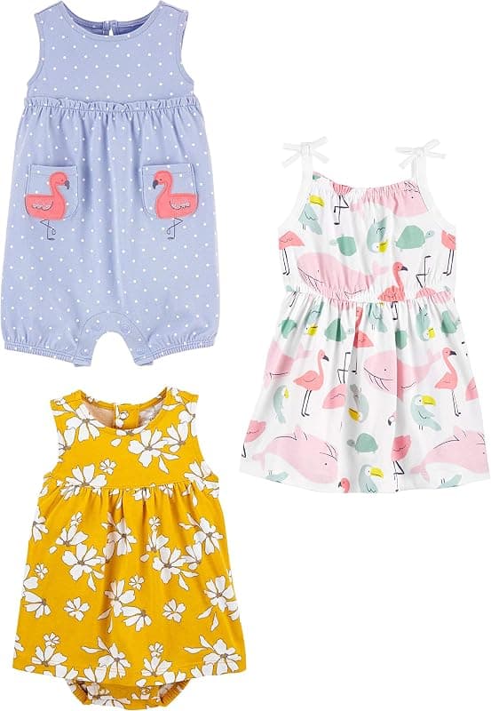 Three summer pieces: blue flamingo romper, yellow floral sunsuit and white flamingo dress