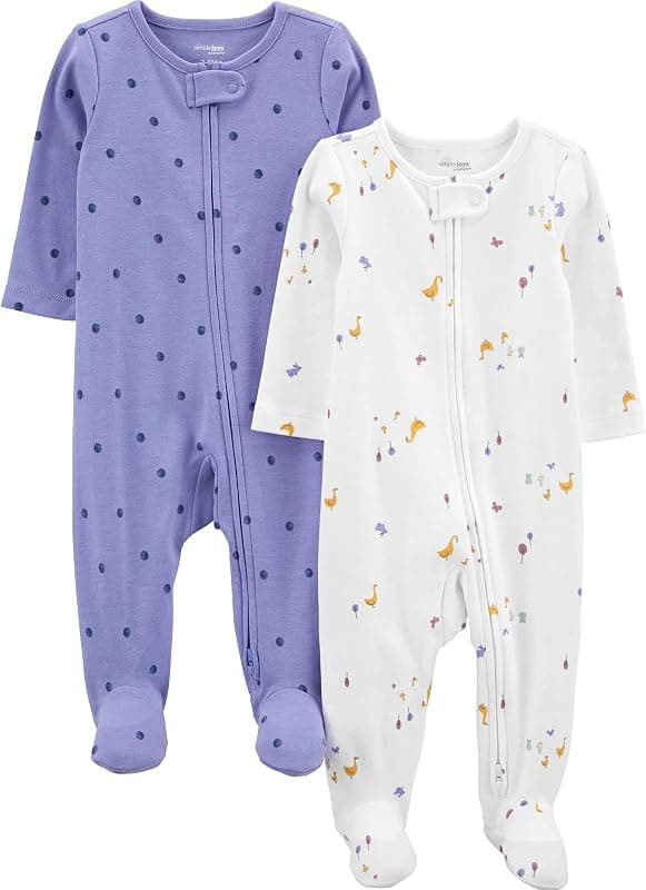 Two zip-up footed sleepers in lavender and white with small prints