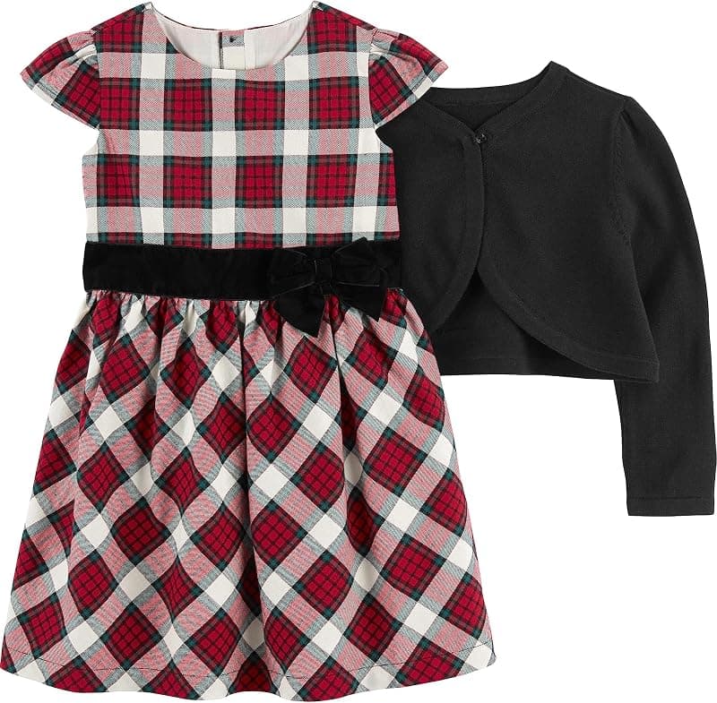 Red and white plaid dress with a black velvet bow and a black cardigan