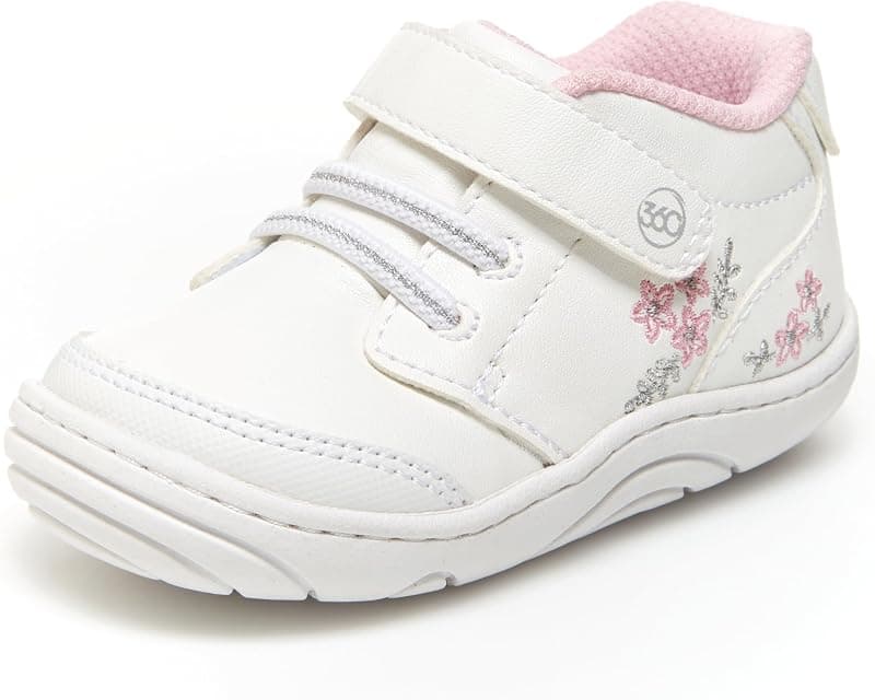 White first-walker sneaker with pink lining and a floral print