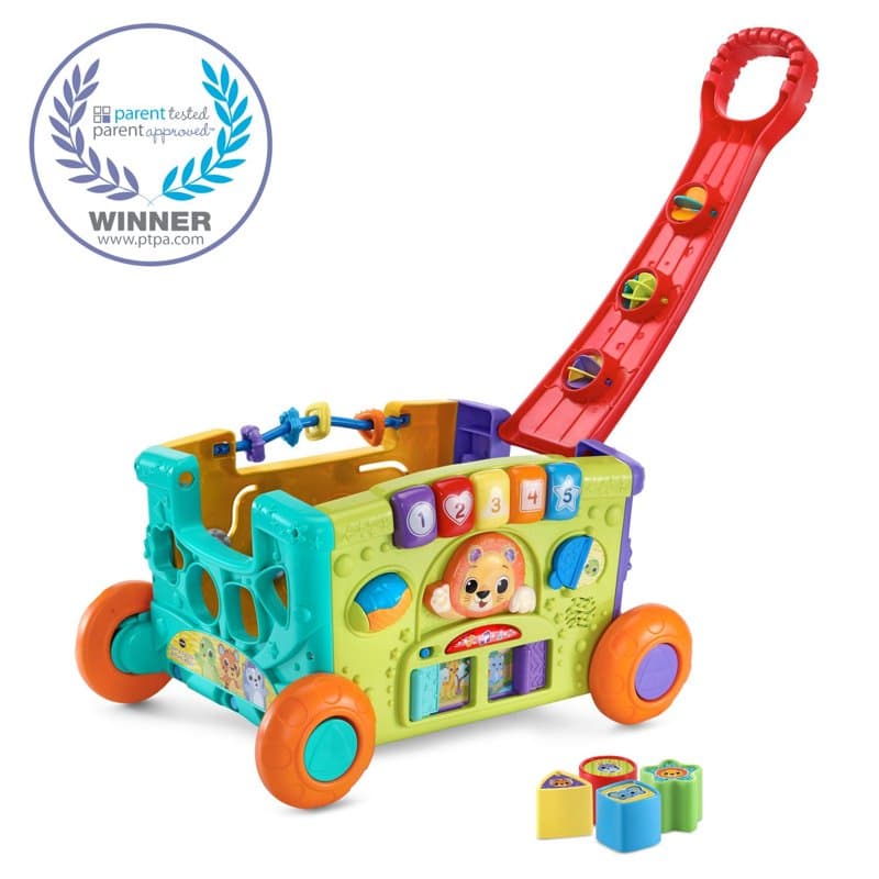 VTech Sort & Discover Activity Wagon with a long red handle and shape blocks