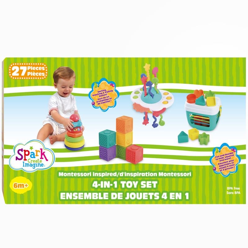 Spark Create Imagine 4-in-1 Montessori toy set box showing stacking rings, cubes, a spinner and a shape sorter