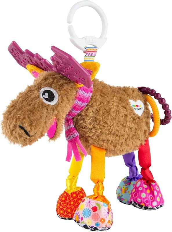 Lamaze Muffin the Moose plush toy with colourful legs and a clip