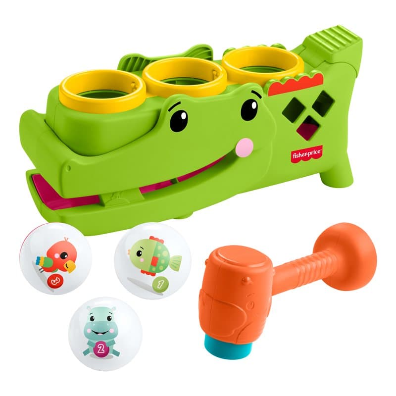 Green Fisher-Price alligator pounding toy with three balls and an orange hammer