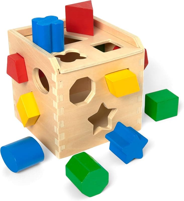 Melissa & Doug wooden shape sorting cube with colourful shapes