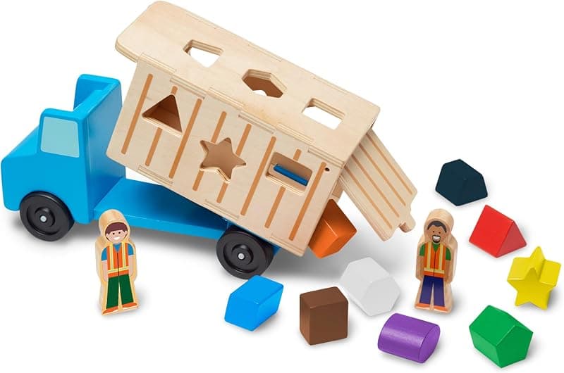 Wooden dump truck with a shape-sorting box, colourful shapes and two figures